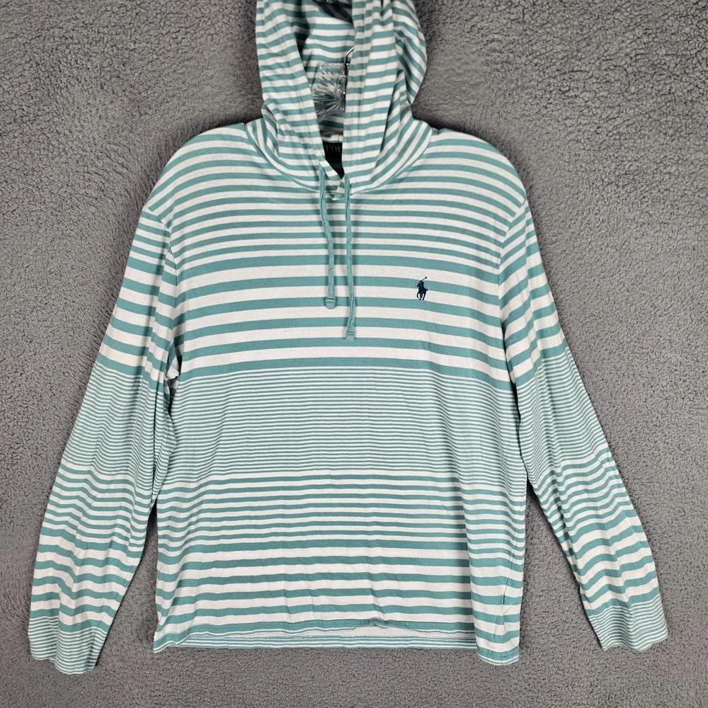 Polo Ralph Lauren Hoodie Men M Teal Striped Lightweight Cotton Pullover Pony